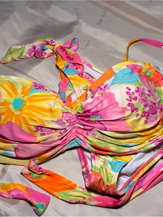 2bamboo Other - 2bamboo Pink Yellow Orange Floral Ruched Tie-Halter Bikini